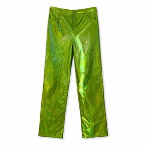 Kiwi Green Metallic High Waist Straight Leg Pants Faux Leather Festival Y2K